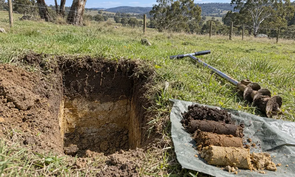 A shallow hand-dug soil test pit on a sloping grassy rural block, a soil auger beside it and soil cores laid on a tarp