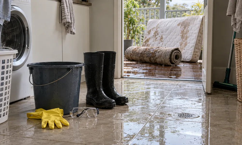 A wet tiled laundry floor with a dark bucket, black gumboots, yellow rubber gloves and clear safety glasses beside a washing machine, and a rolled-up muddy rug and a stained mattress out on the verandah through the open back door