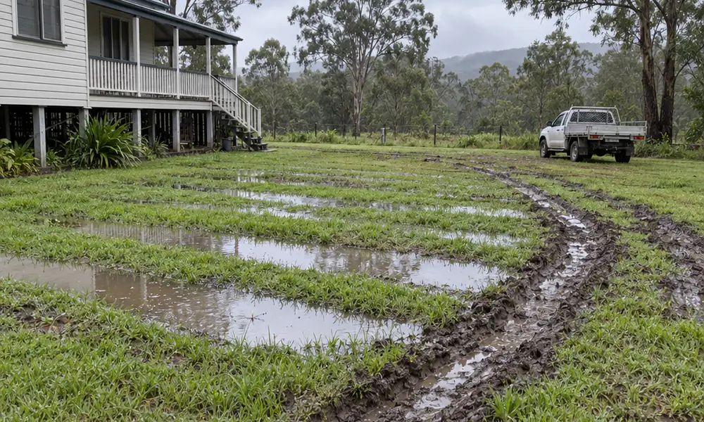 A grassed septic disposal area beside a timber house on stumps after heavy rain, with long shallow pools lying in lines over the buried trenches and muddy ute tyre ruts across the soggy ground.