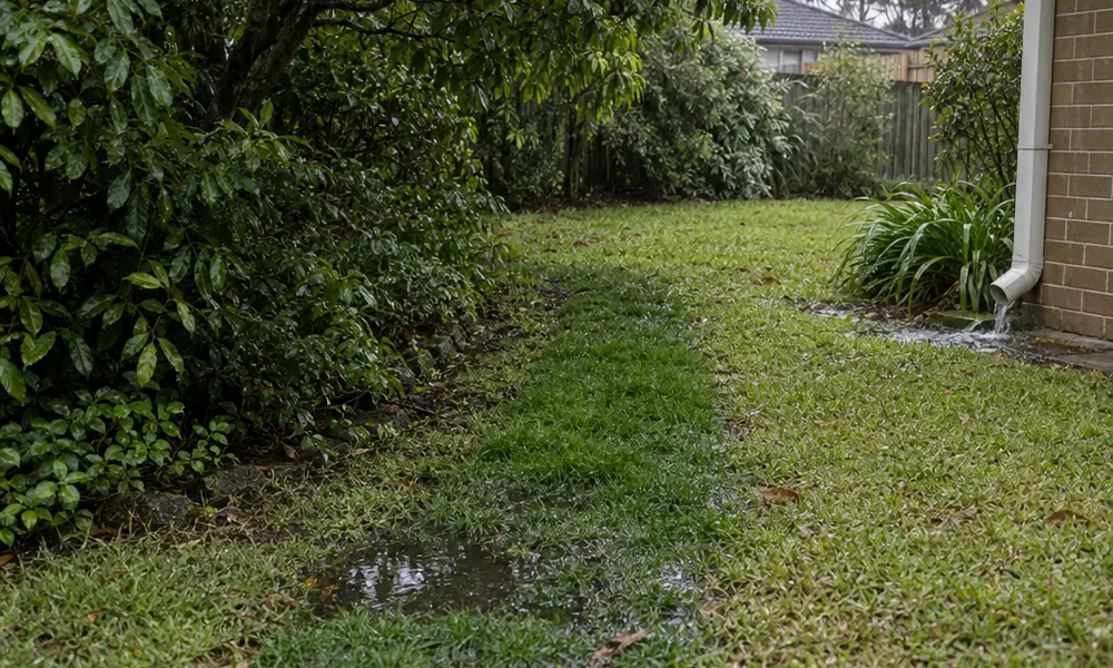 Rain-soaked backyard lawn with a darker, puddled strip, dense shrubs on one side and a downpipe draining by a brick wall